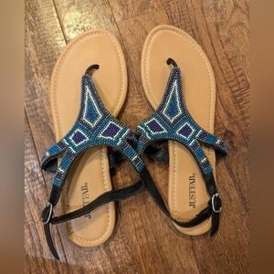 New JUST Fab beaded sandals, blue,white & purple, woman's SZ.11
